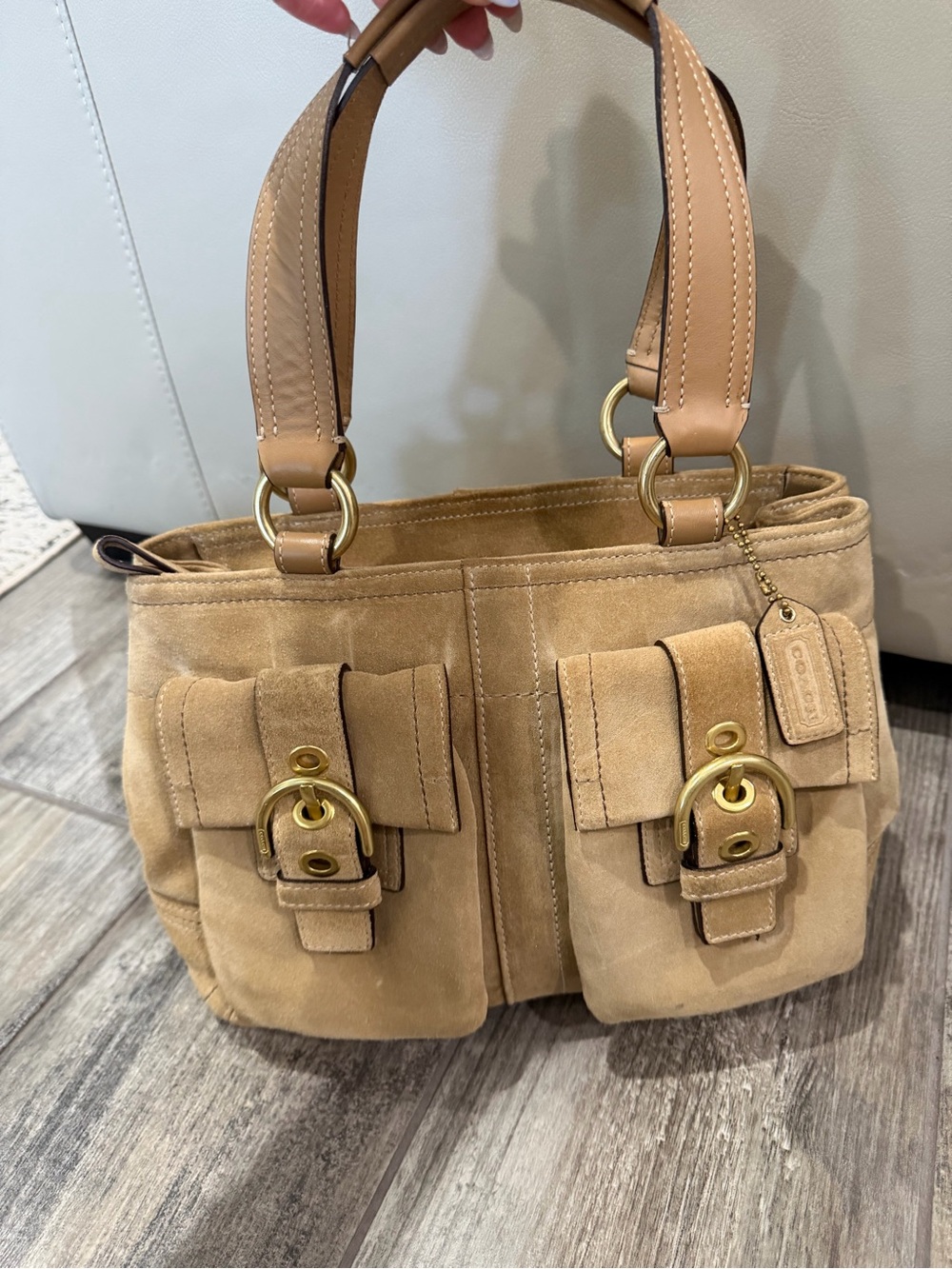 Coach Suede Shoulder Bag in Tan with Gold Hardware